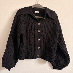POL Women's Black Cable Knit Sweater with Flower Brass Buttons- size small